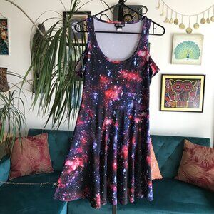 HOT TOPIC size S Galaxy Print Stretch Cold Shoulder Fit & Flare Skate Dress